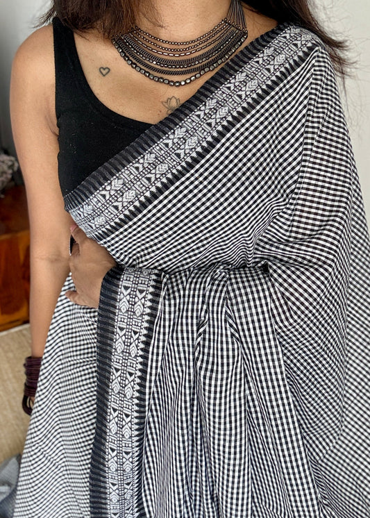 Maacher Golpo (The Fish Tale) - Black White Checkered Dhaniakhali Soft Cotton YCBCDK02