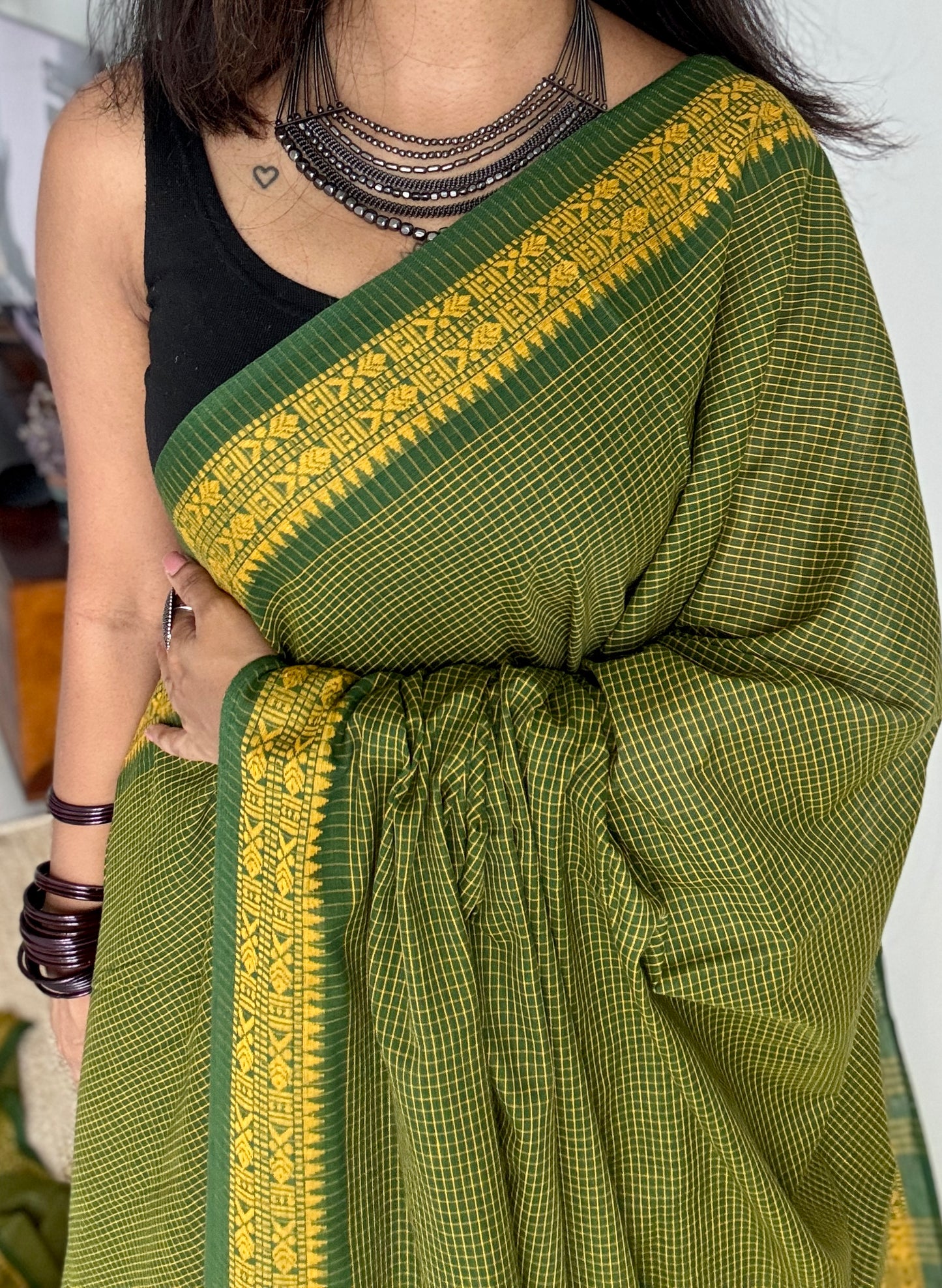 Gaachh Holud (Tree & Turmeric) - Green Yellow Checkered Dhaniakhali Soft Cotton YCBCDK03