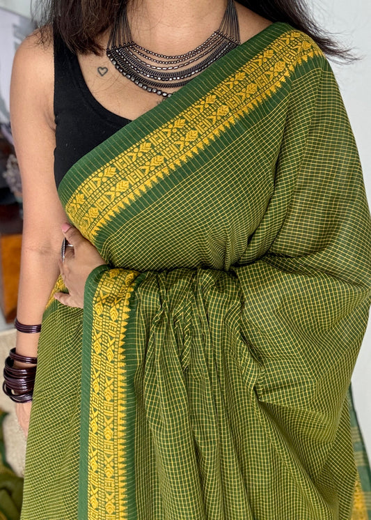 Gaachh Holud (Tree & Turmeric) - Green Yellow Checkered Dhaniakhali Soft Cotton YCBCDK03