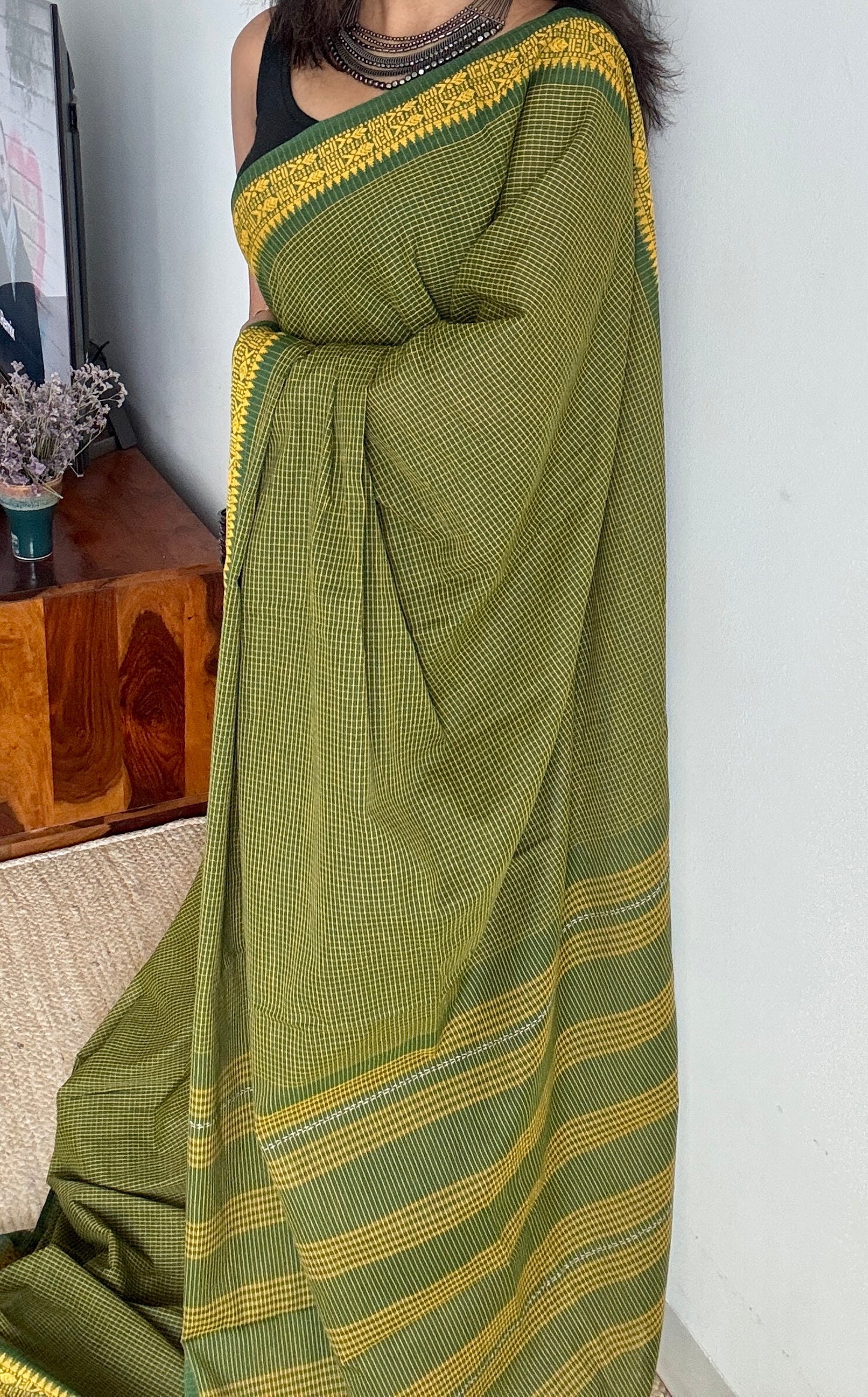 Gaachh Holud (Tree & Turmeric) - Green Yellow Checkered Dhaniakhali Soft Cotton YCBCDK03