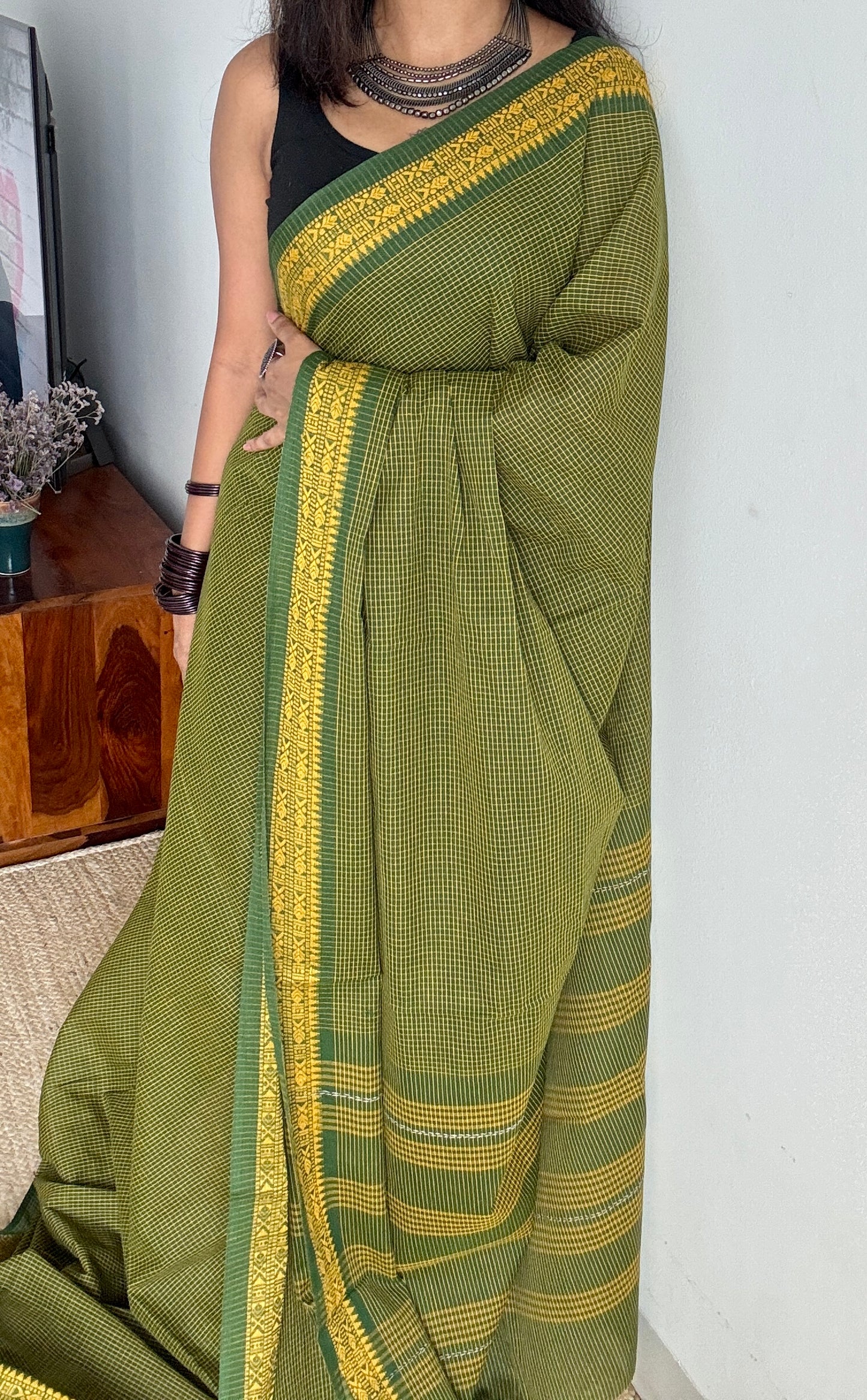 Gaachh Holud (Tree & Turmeric) - Green Yellow Checkered Dhaniakhali Soft Cotton YCBCDK03