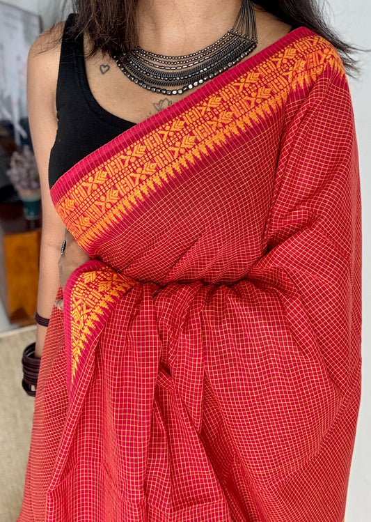 Laal Shaada Golpo (A Red-Yellow Story) - Red Yellow Checkered Dhaniakhali Soft Cotton