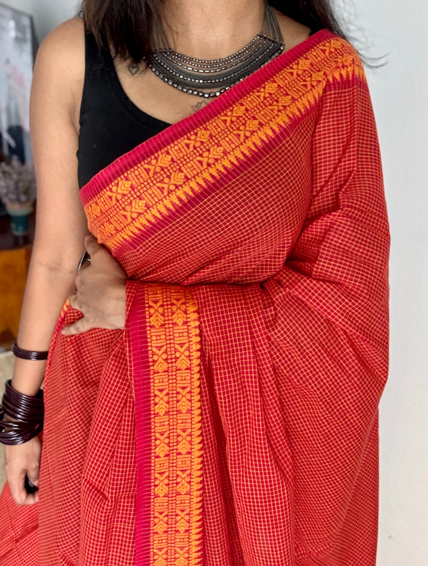 Laal Shaada Golpo (A Red-Yellow Story) - Red Yellow Checkered Dhaniakhali Soft Cotton