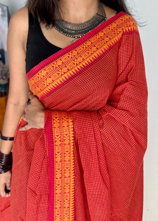 Laal Shaada Golpo (A Red-Yellow Story) - Red Yellow Checkered Dhaniakhali Soft Cotton