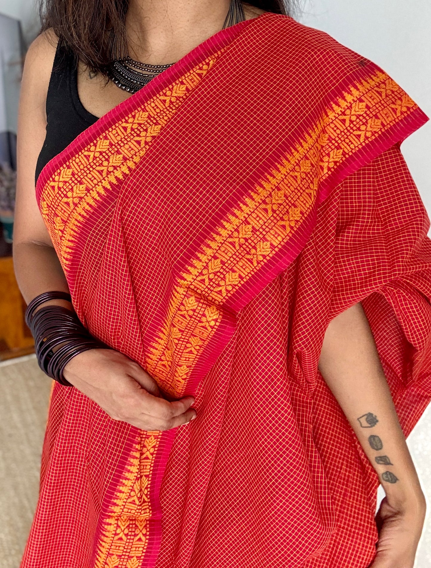 Laal Shaada Golpo (A Red-Yellow Story) - Red Yellow Checkered Dhaniakhali Soft Cotton