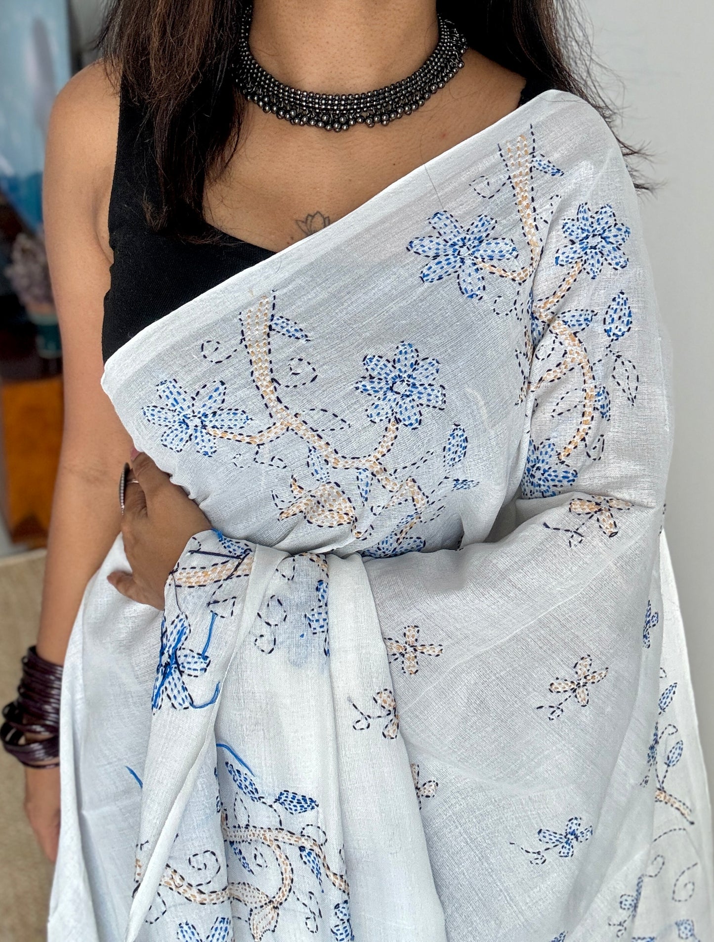 Shada Shobdo - White Whisper, kantha weave in soft khadi cotton