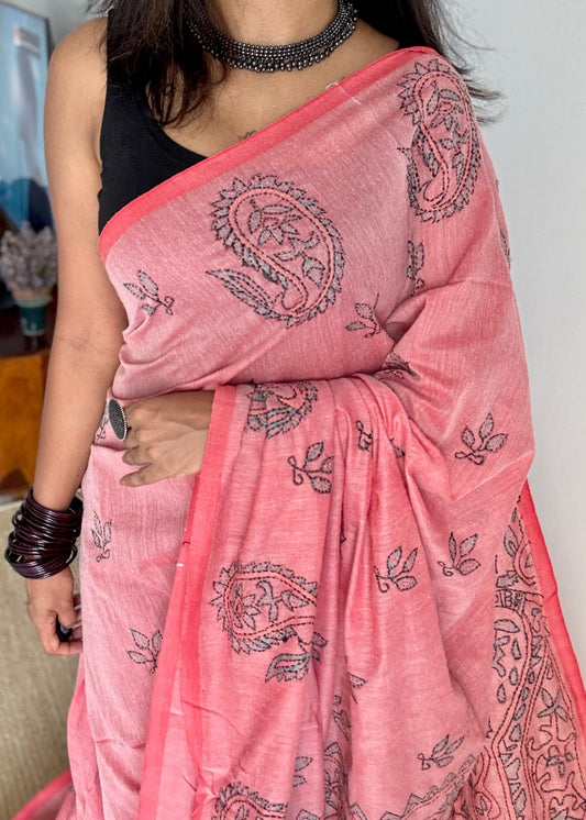 Golapi Bhava - Pink Thought, kantha weave in soft khadi cotton