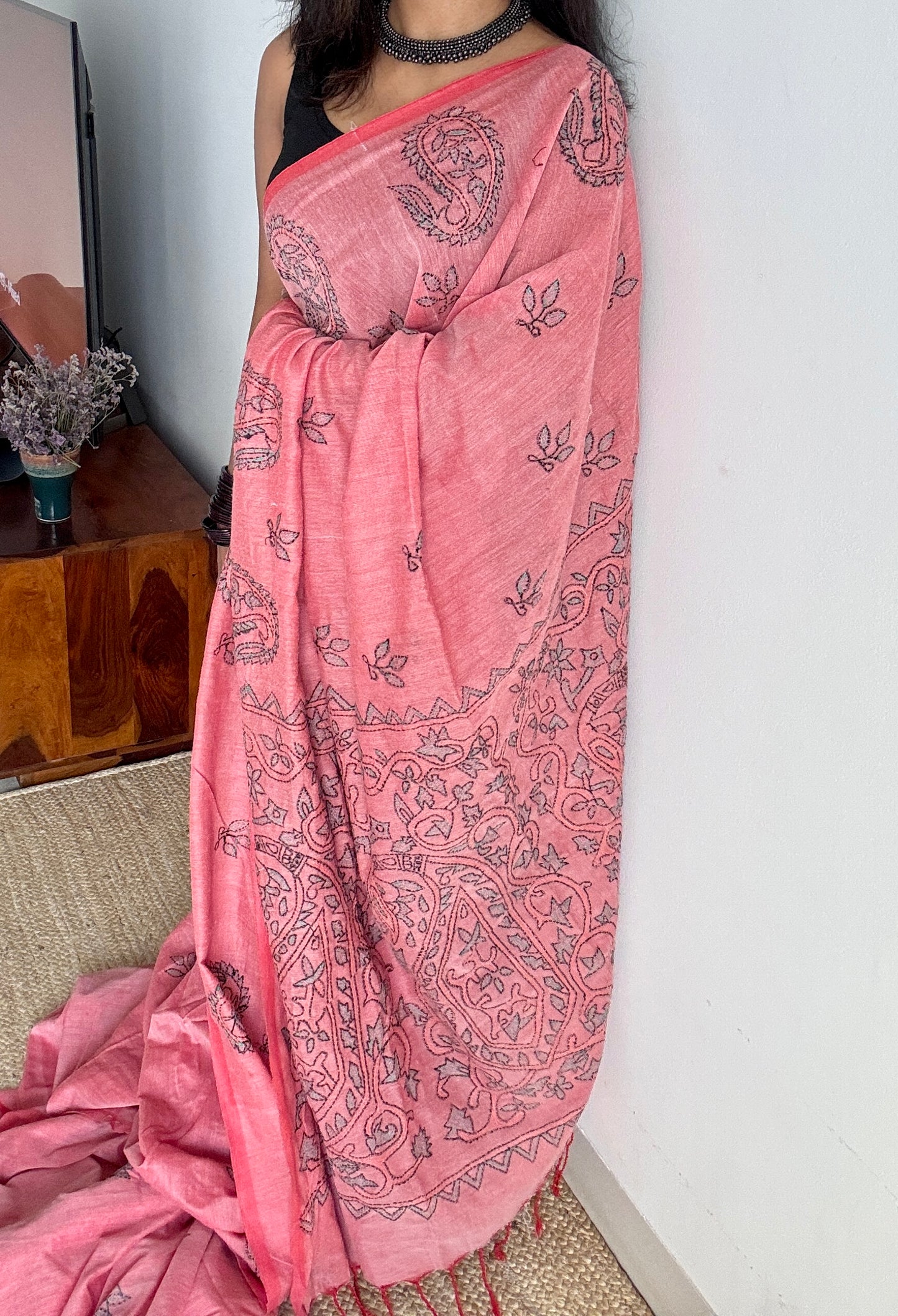 Golapi Bhava - Pink Thought, kantha weave in soft khadi cotton
