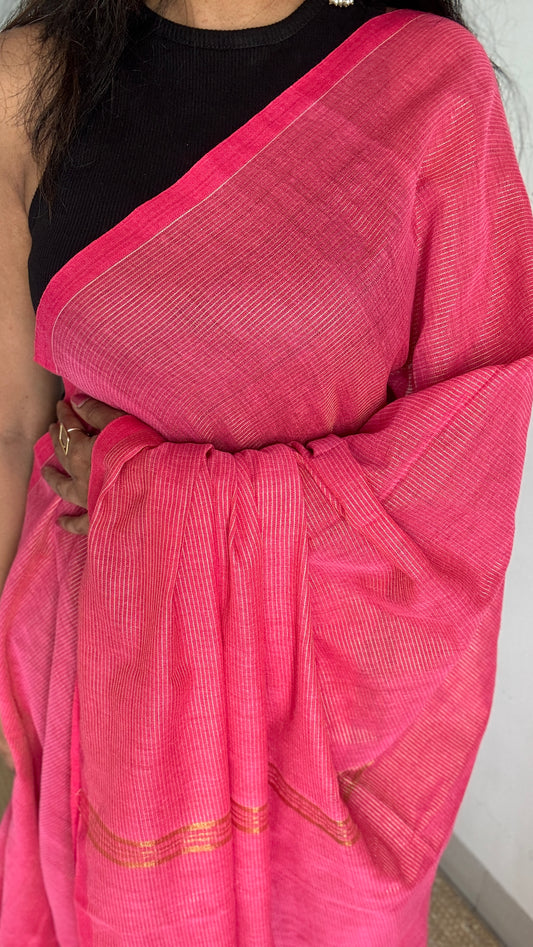 Peach pink and gold zari - Khadi Soft Cotton