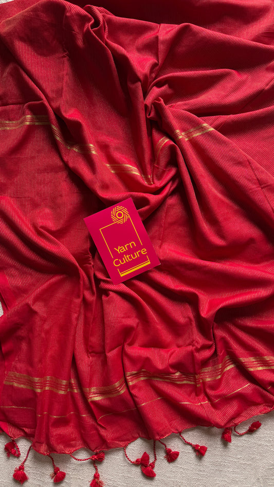 Chilli red, gold zari stripes - Soft Khadi Cotton, YCBCSKZS06