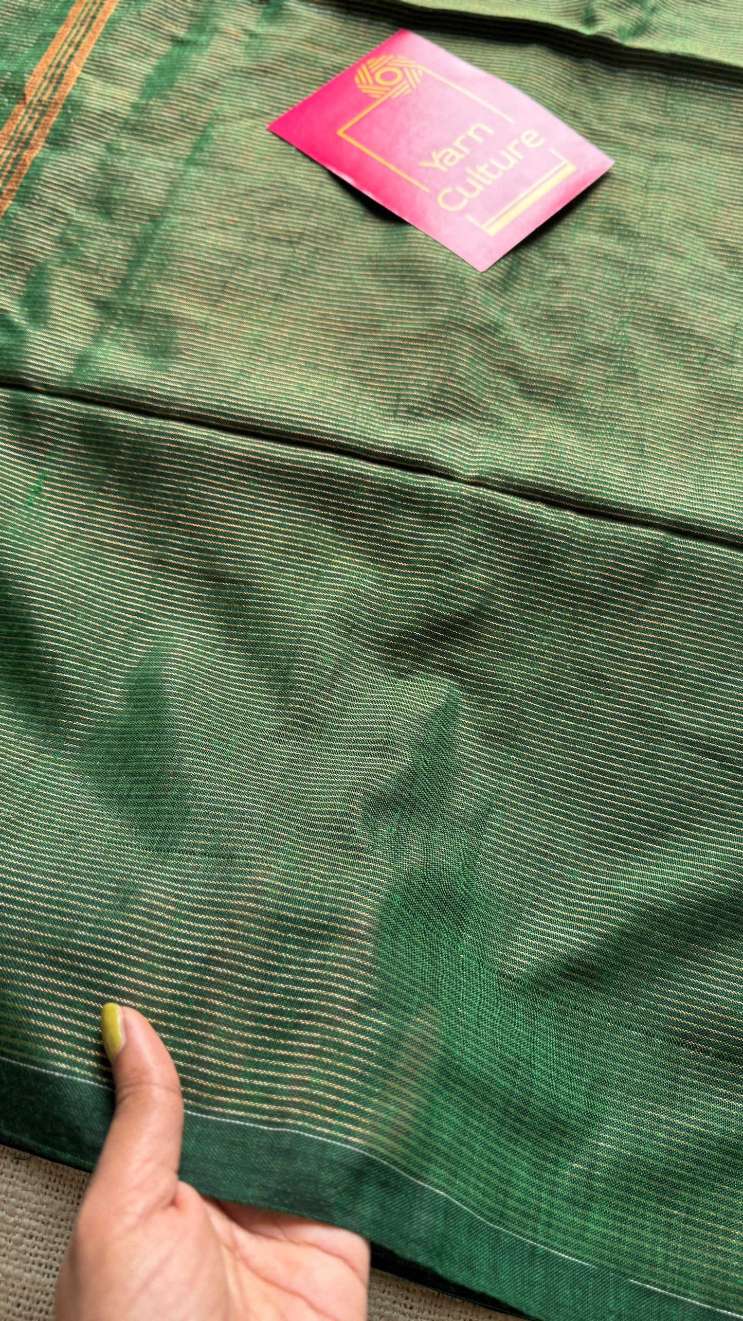 Dark green, gold zari stripes - Soft Khadi Cotton, YCBCSKZS03