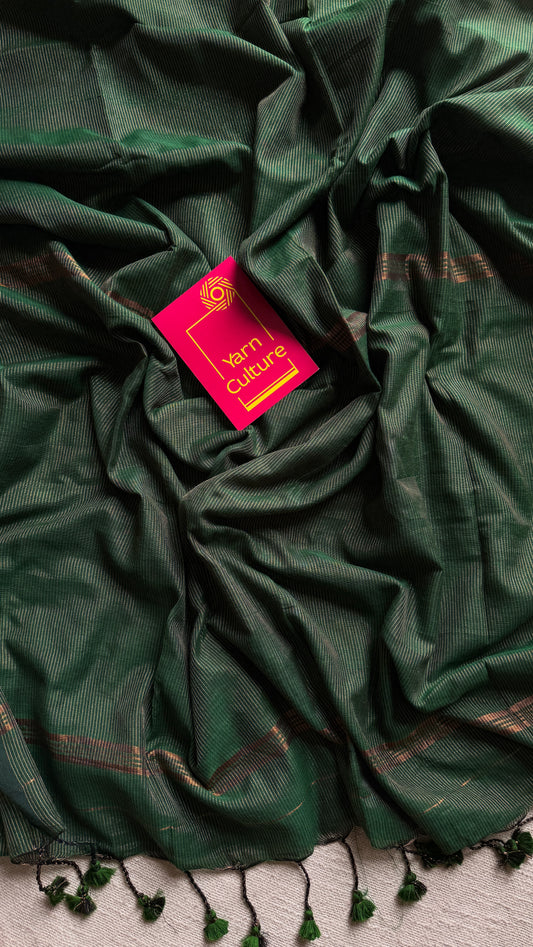 Dark green, gold zari stripes - Soft Khadi Cotton, YCBCSKZS03