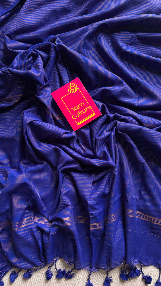 Royal blue, gold zari stripes - Soft Khadi Cotton, YCBCSKZS07