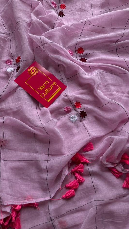 Checkered pink, flower embroidery, mul cotton YCBCMCM23