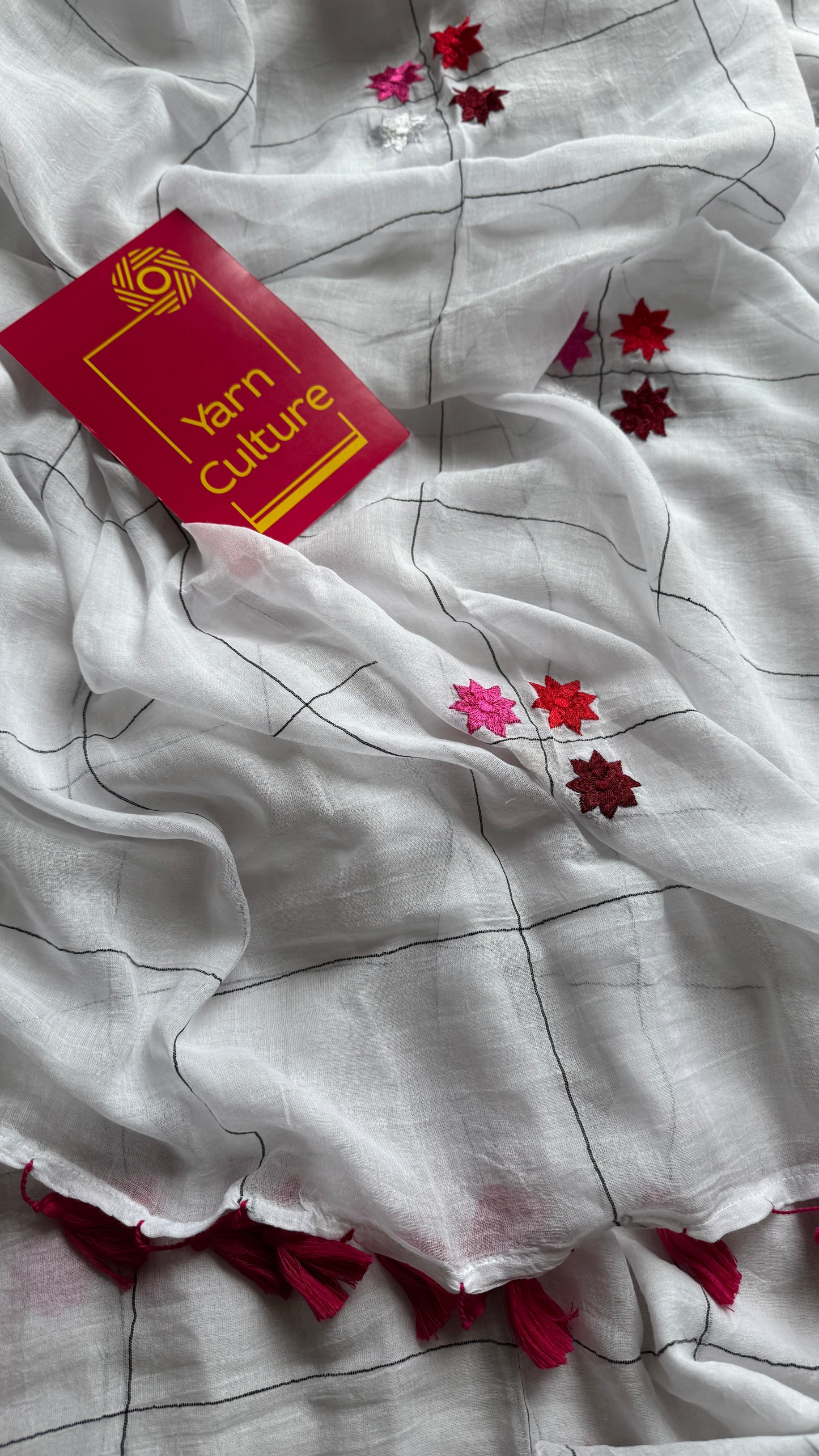 Checkered white, flower embroidery, mul cotton YCBCMCM20
