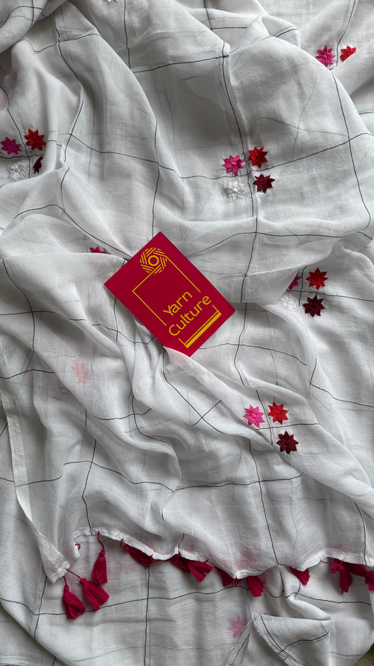 Checkered white, flower embroidery, mul cotton YCBCMCM20