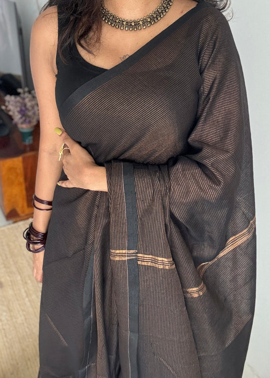 Black,copper zari stripes - Soft Khadi Cotton, YCBCSKZS01