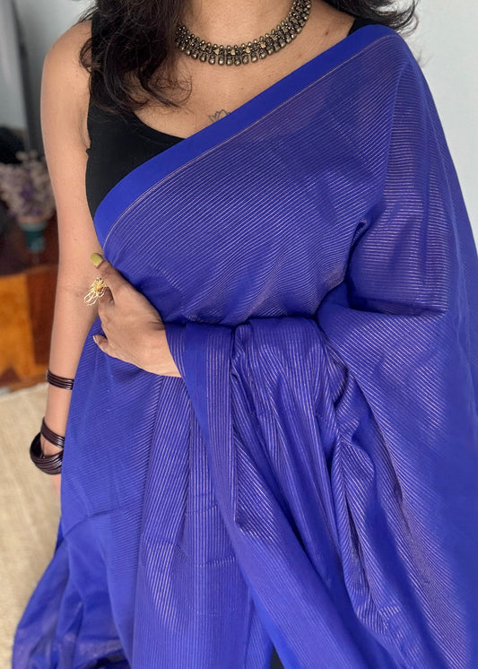 Royal blue, gold zari stripes - Soft Khadi Cotton, YCBCSKZS07