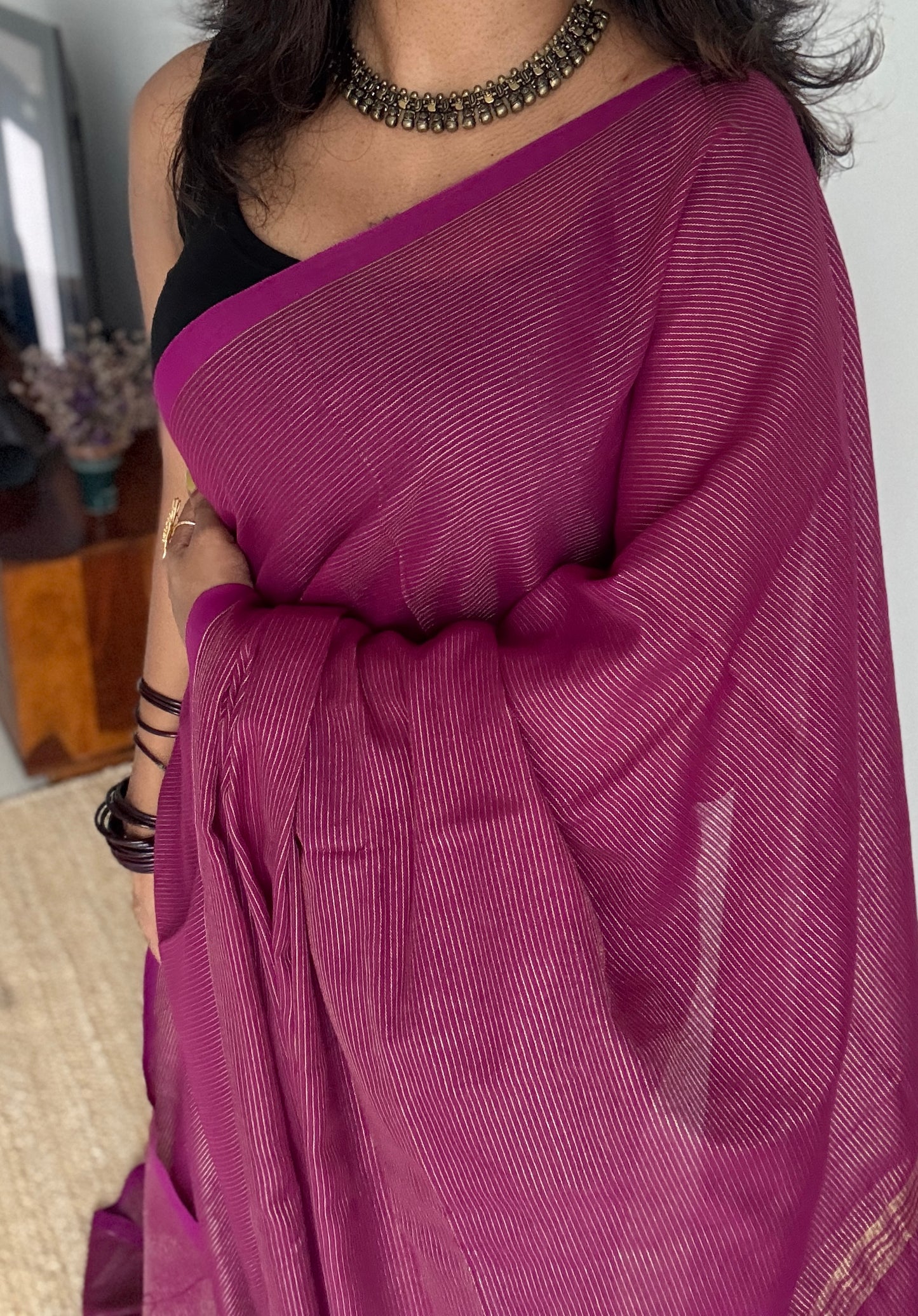 Purple pink (vadamalli), gold zari stripes - Soft Khadi Cotton, YCBCSKZS04
