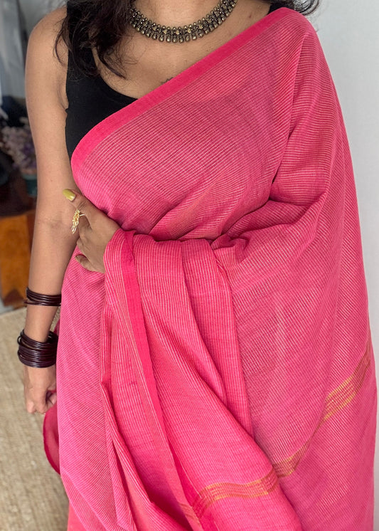 Peach pink, gold zari stripes - Soft Khadi Cotton, YCBCSKZS08