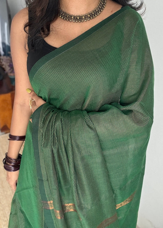 Dark green, gold zari stripes - Soft Khadi Cotton, YCBCSKZS03