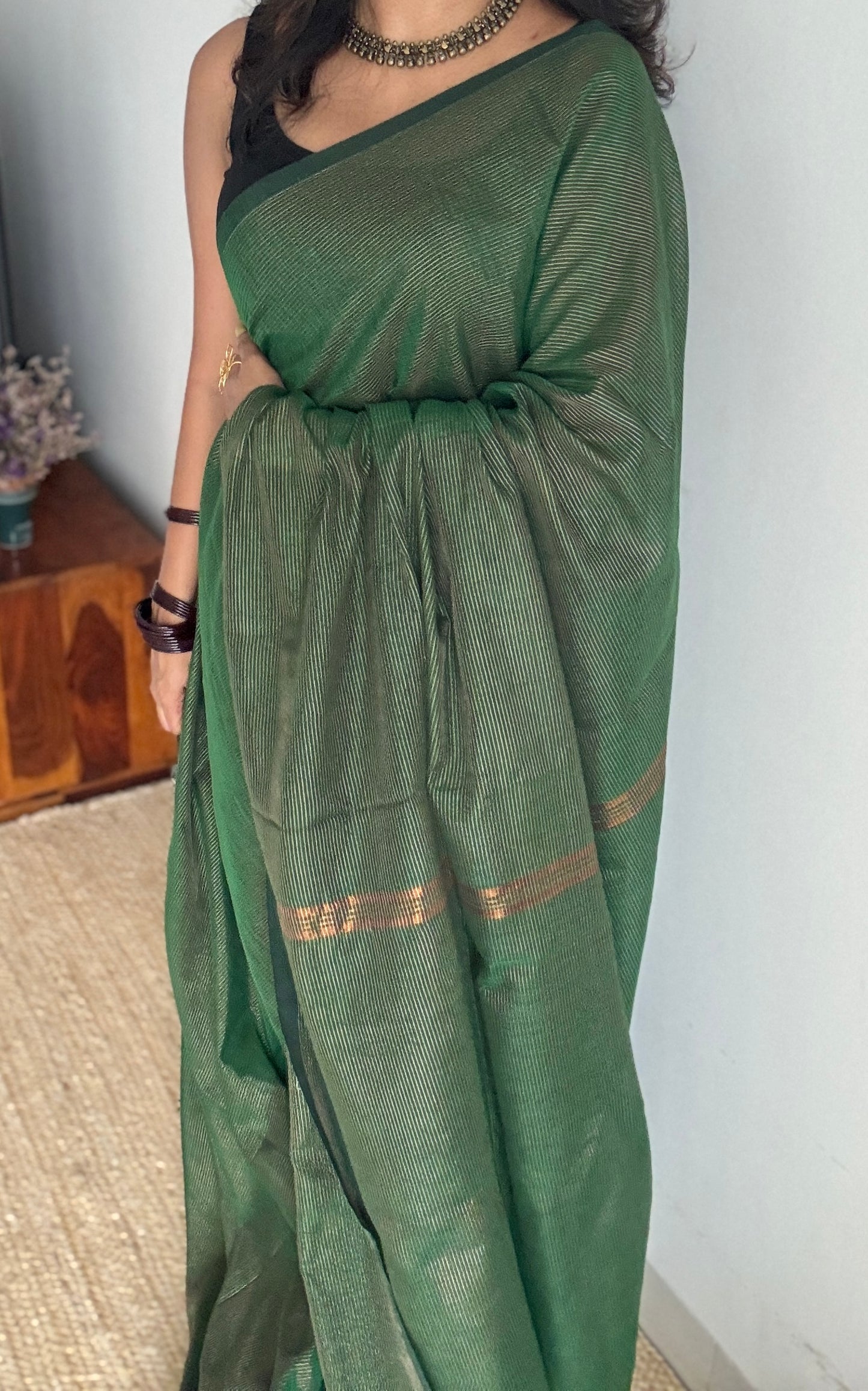 Dark green, gold zari stripes - Soft Khadi Cotton, YCBCSKZS03