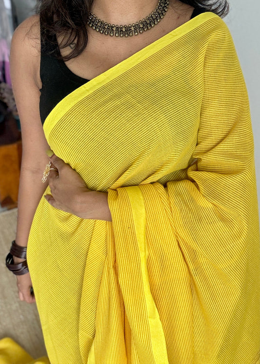 Yellow, gold zari stripes - Soft Khadi Cotton, YCBCSKZS09