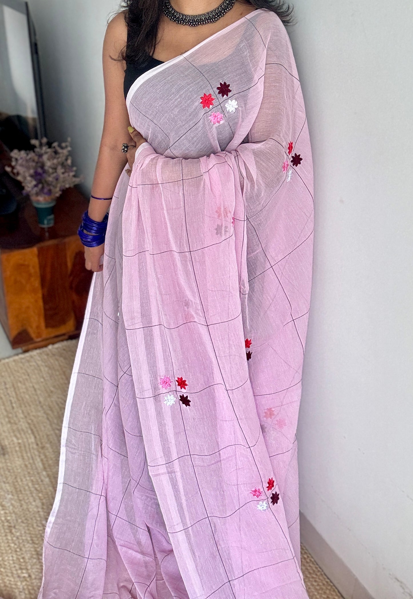 Checkered pink, flower embroidery, mul cotton YCBCMCM23
