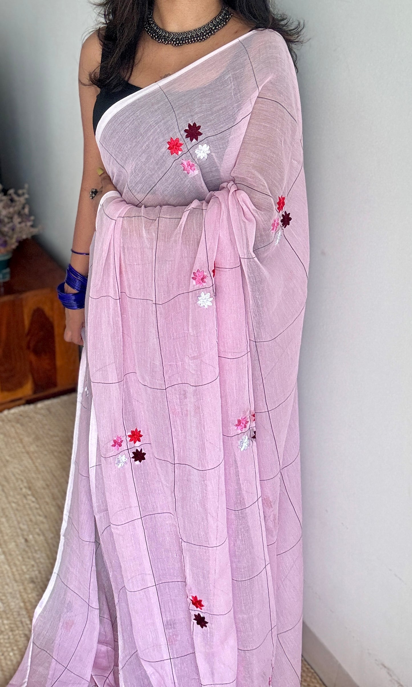 Checkered pink, flower embroidery, mul cotton YCBCMCM23