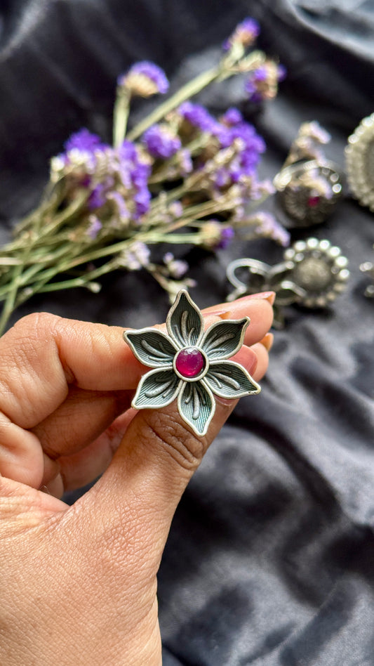 Antique Bloom - Adjustable Floral Ring, Dark Pink Stone