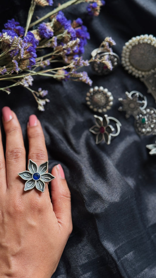 Antique Bloom - Adjustable Floral Ring, Royal Blue Stone