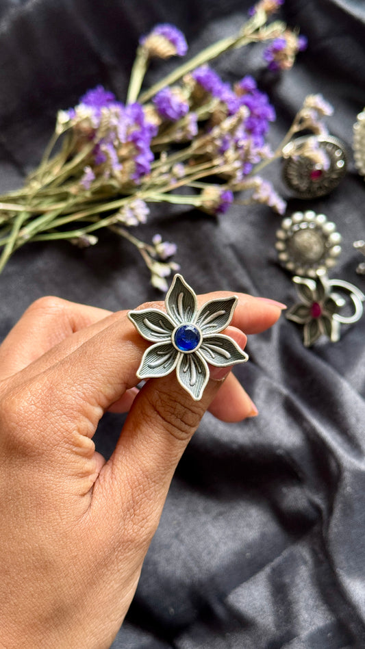 Antique Bloom - Adjustable Floral Ring, Royal Blue Stone