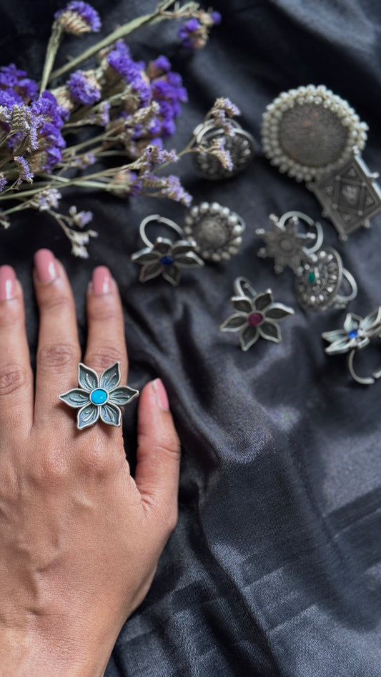 Antique Bloom - Adjustable Floral Ring, Turquoise Stone