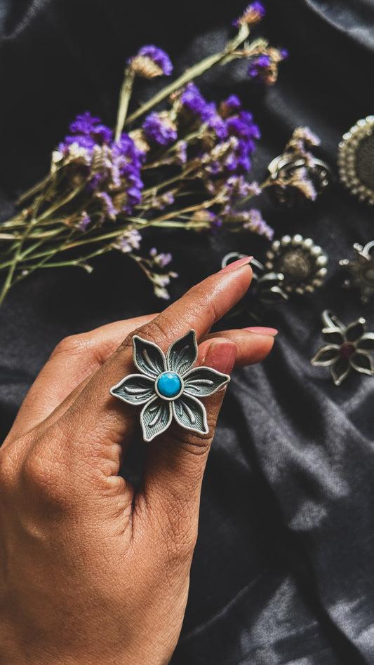 Antique Bloom - Adjustable Floral Ring, Turquoise Stone