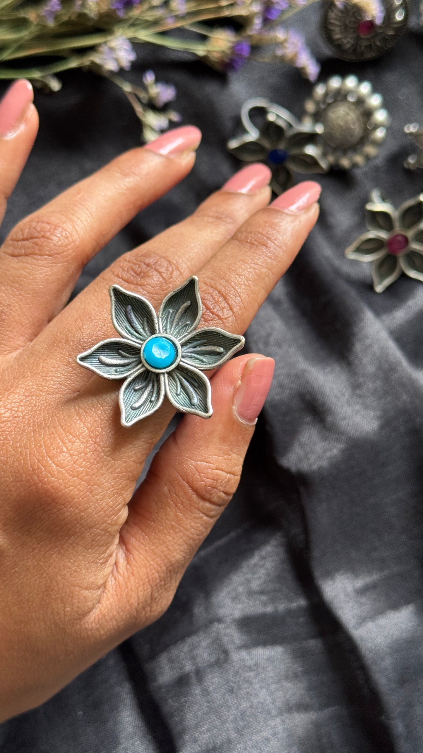 Antique Bloom - Adjustable Floral Ring, Turquoise Stone