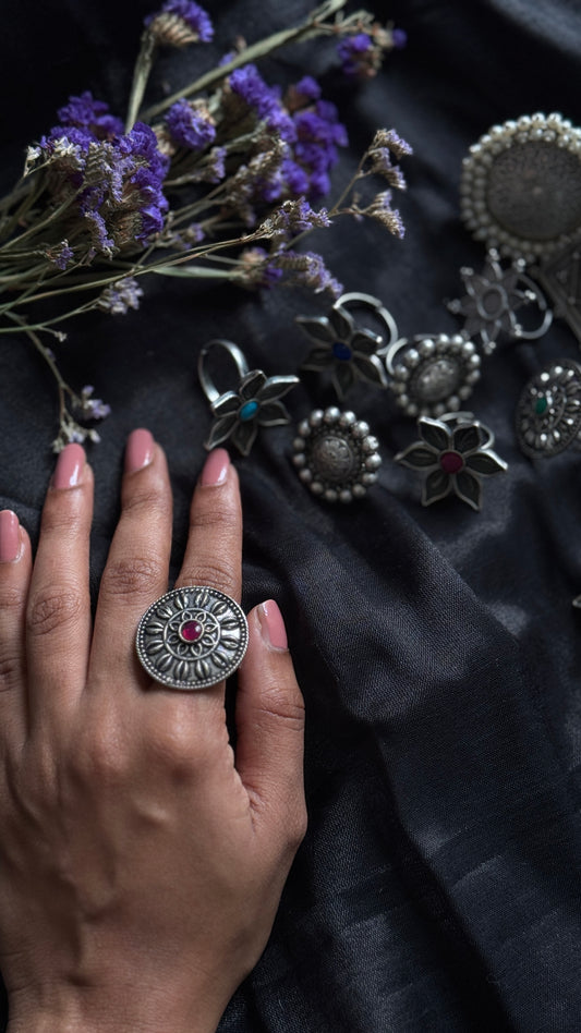 Antique Bloom - Adjustable Round Floral Ring, Dark Pink Stone