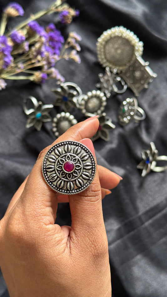 Antique Bloom - Adjustable Round Floral Ring, Dark Pink Stone