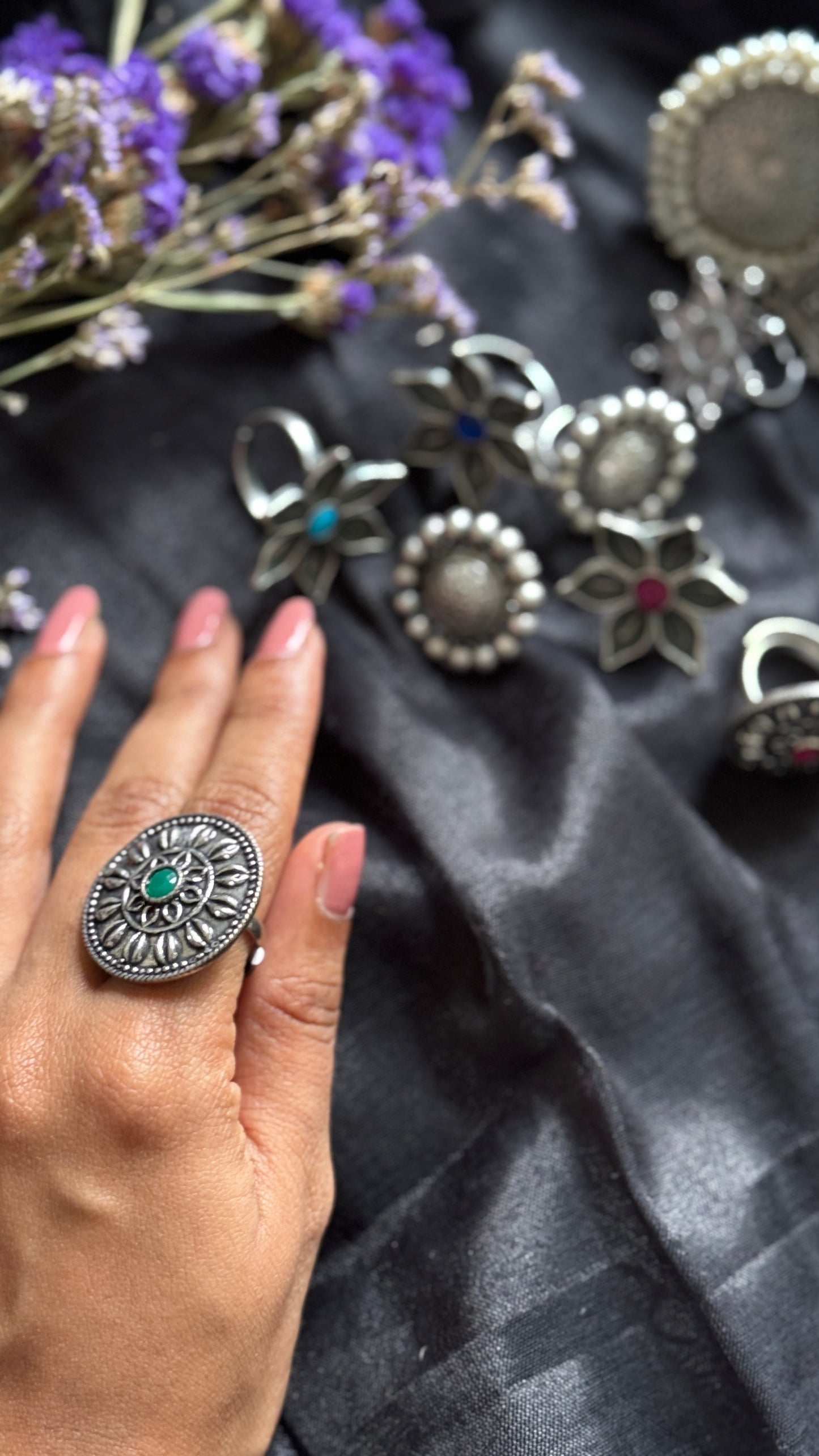 Antique Bloom - Adjustable Round Floral Ring, Green Stone