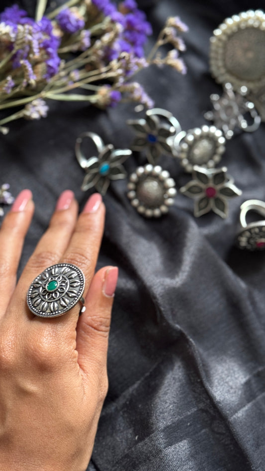 Antique Bloom - Adjustable Round Floral Ring, Green Stone