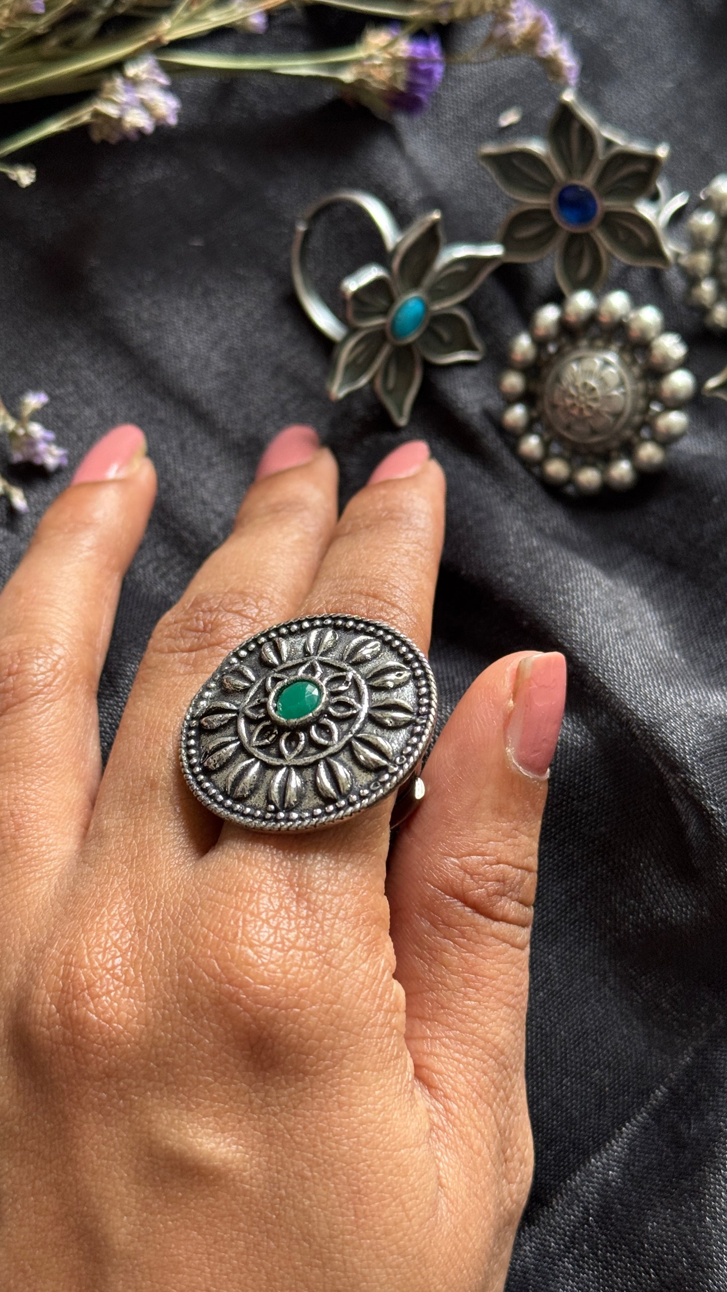 Antique Bloom - Adjustable Round Floral Ring, Green Stone