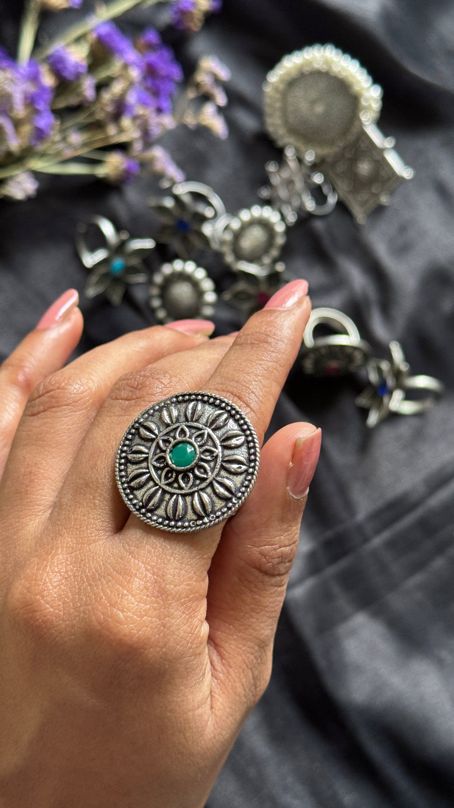 Antique Bloom - Adjustable Round Floral Ring, Green Stone