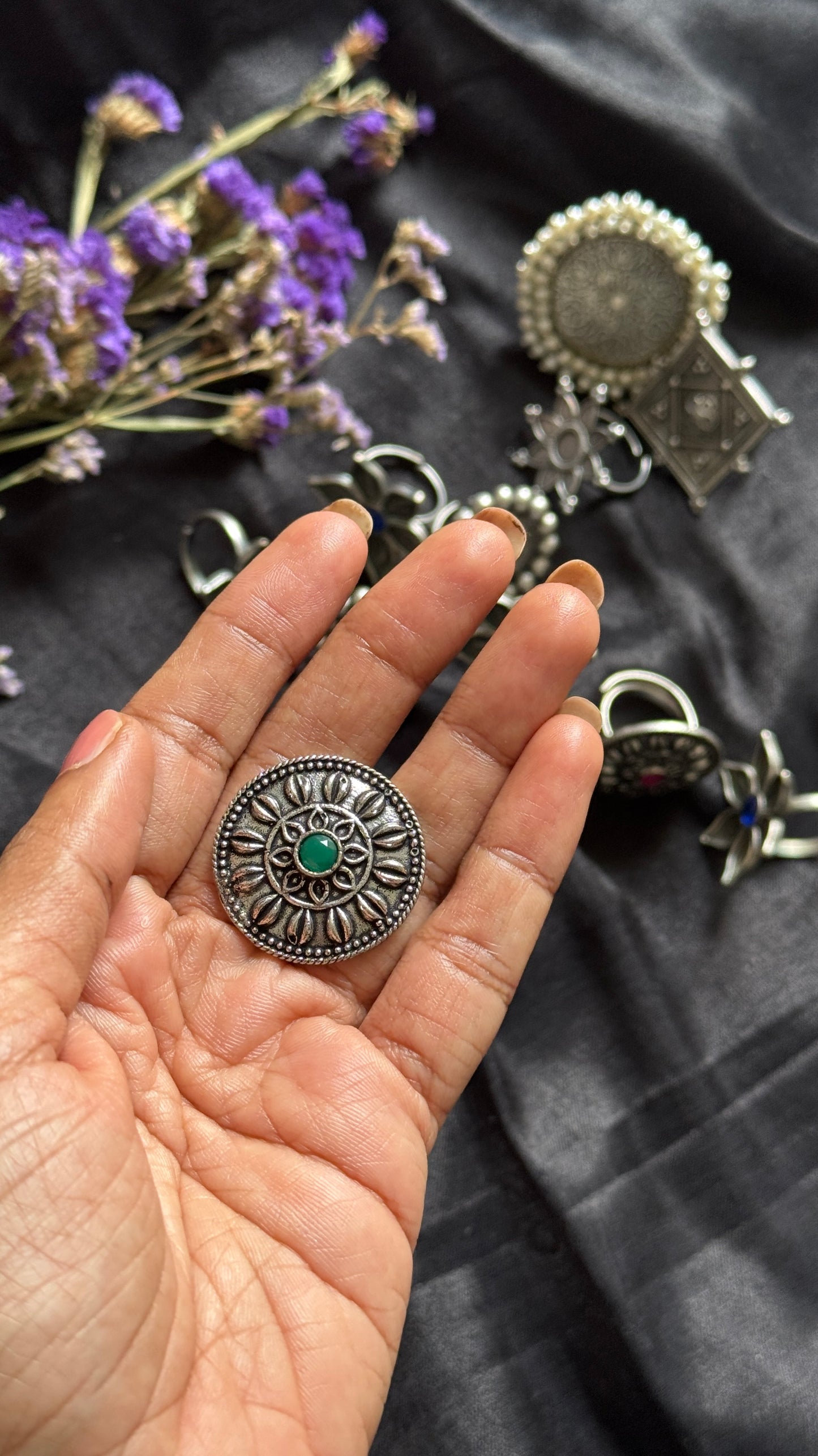 Antique Bloom - Adjustable Round Floral Ring, Green Stone