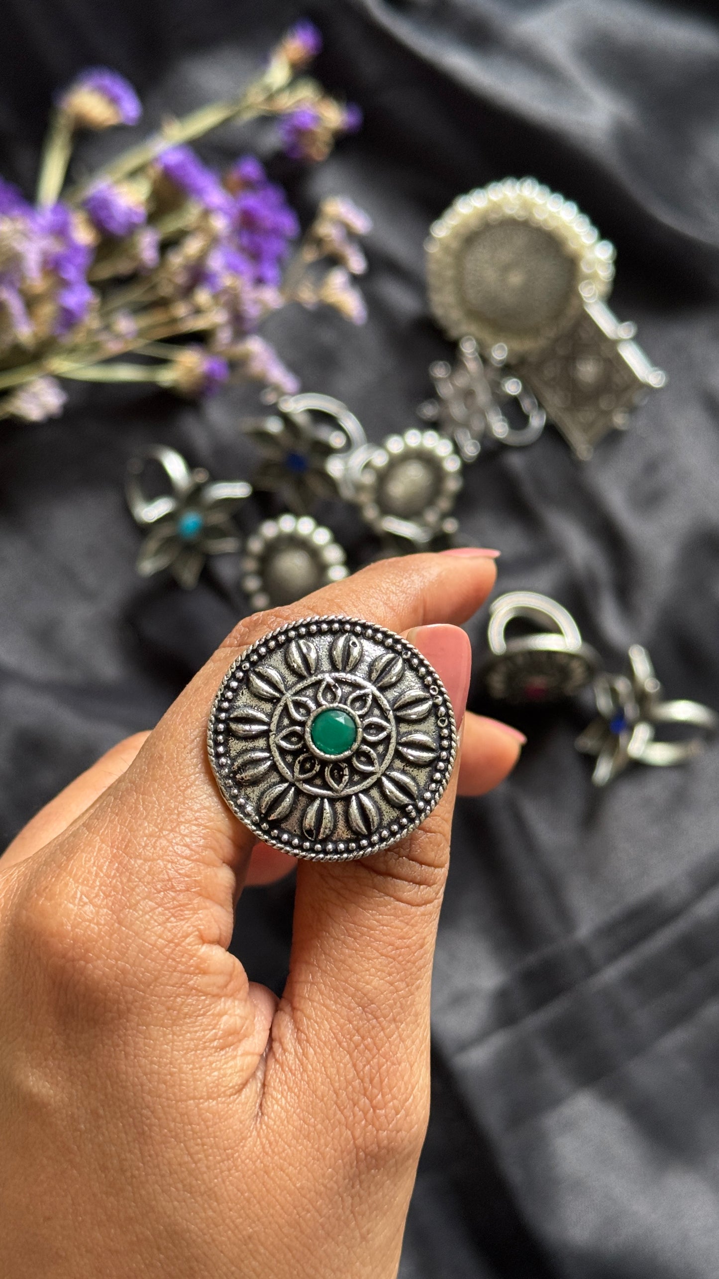 Antique Bloom - Adjustable Round Floral Ring, Green Stone