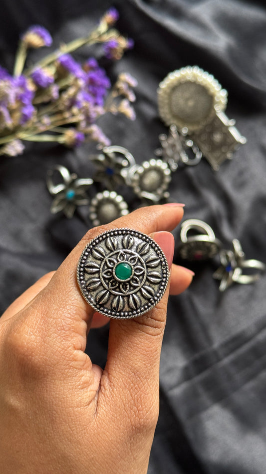 Antique Bloom - Adjustable Round Floral Ring, Green Stone