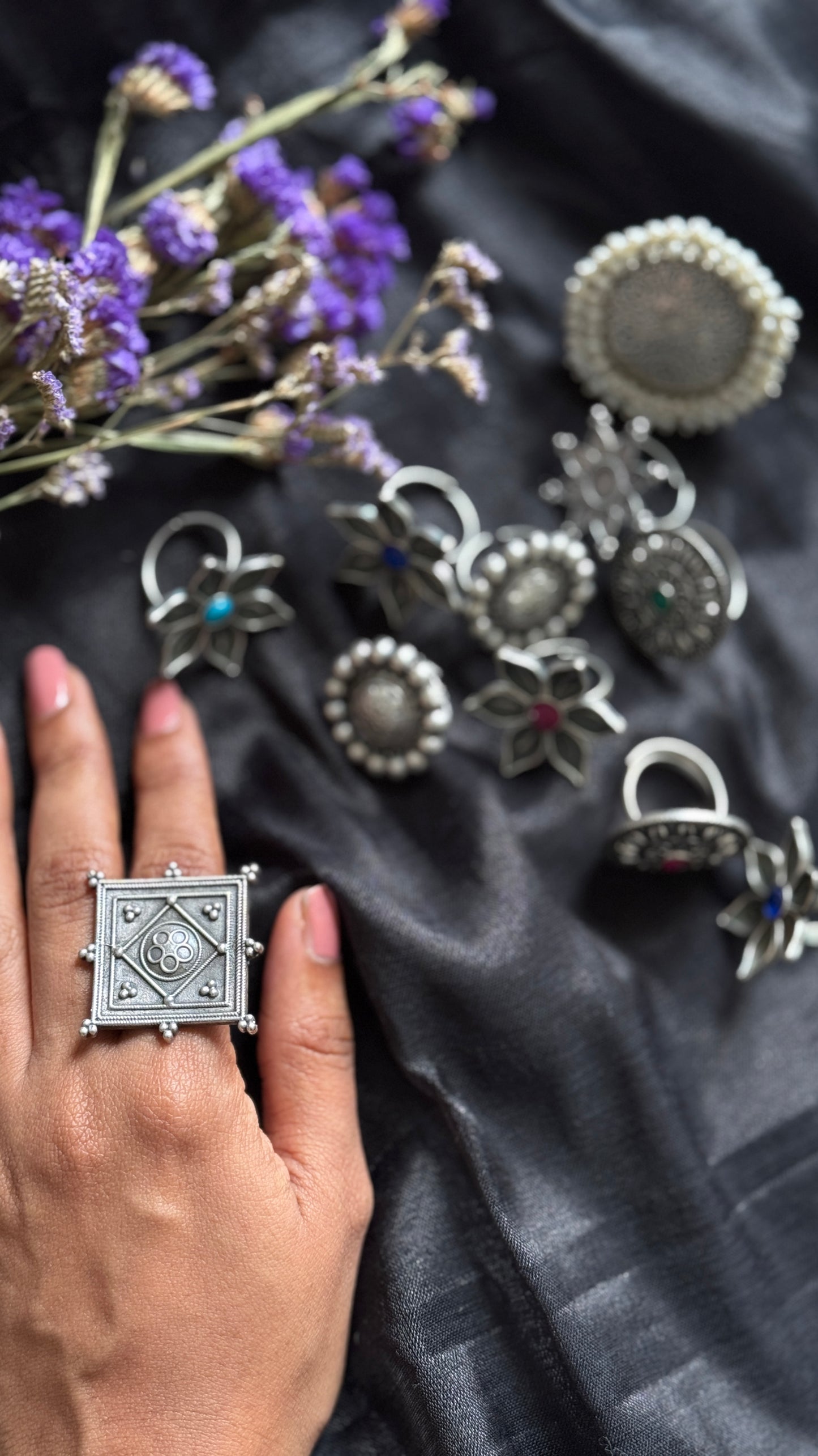 Antique Bloom - Adjustable Square Floral Ring