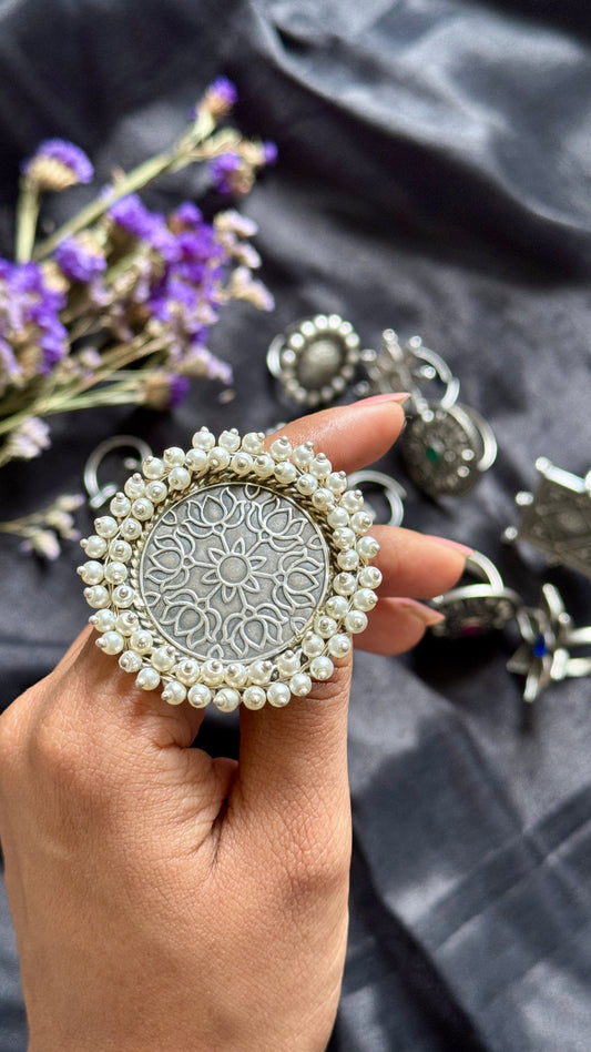 Antique Bloom - Adjustable Round Lotus Ring, Pearl Beaded