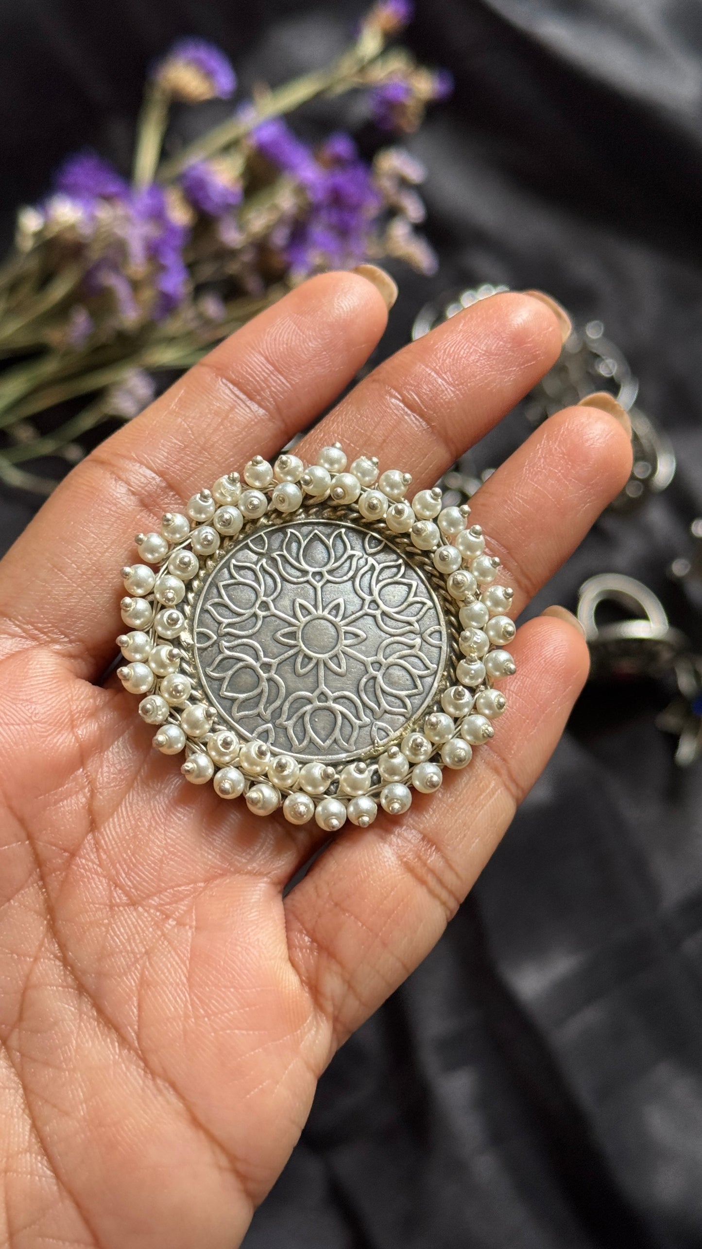 Antique Bloom - Adjustable Round Lotus Ring, Pearl Beaded
