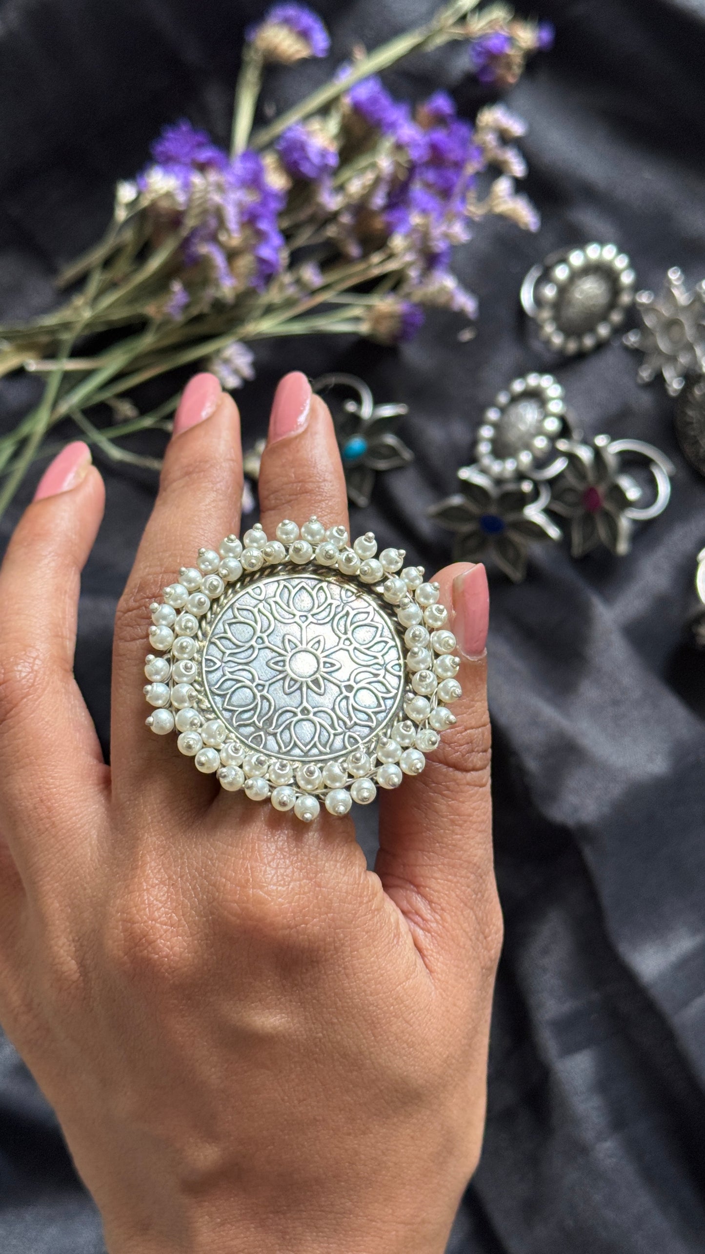 Antique Bloom - Adjustable Round Lotus Ring, Pearl Beaded