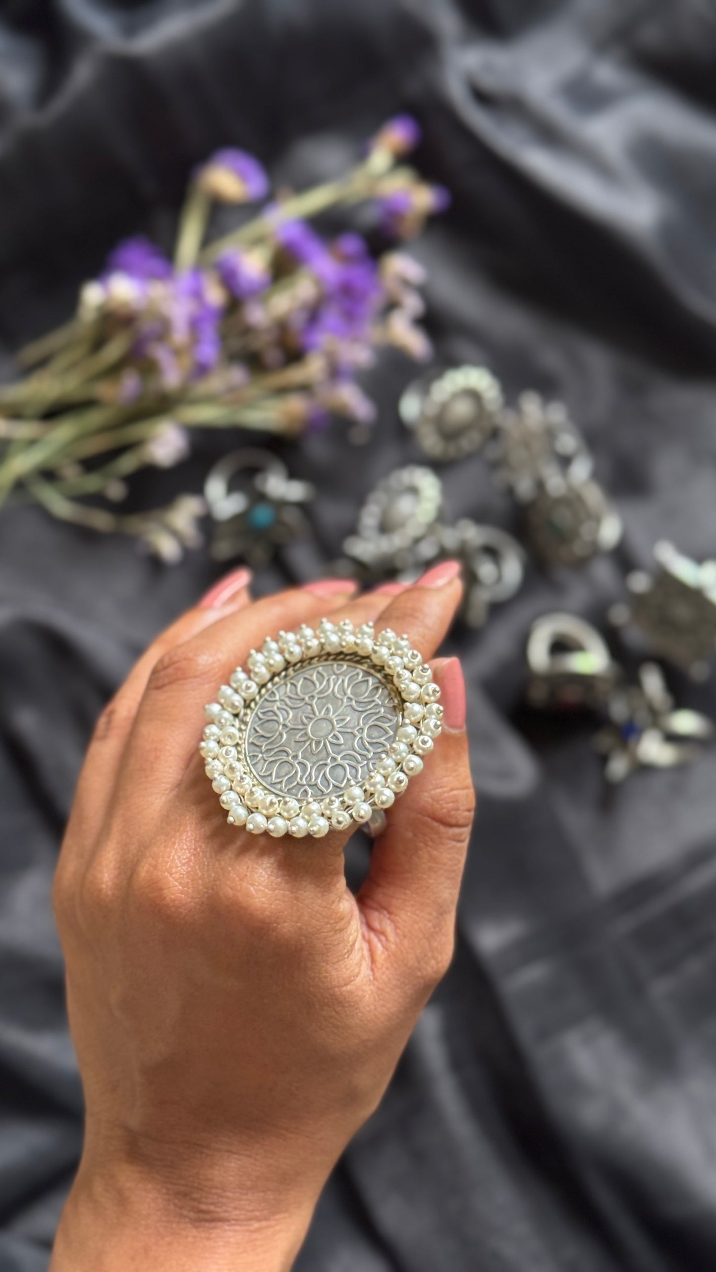 Antique Bloom - Adjustable Round Lotus Ring, Pearl Beaded