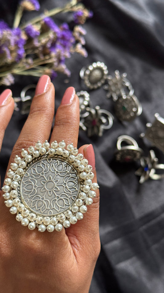 Antique Bloom - Adjustable Round Lotus Ring, Pearl Beaded